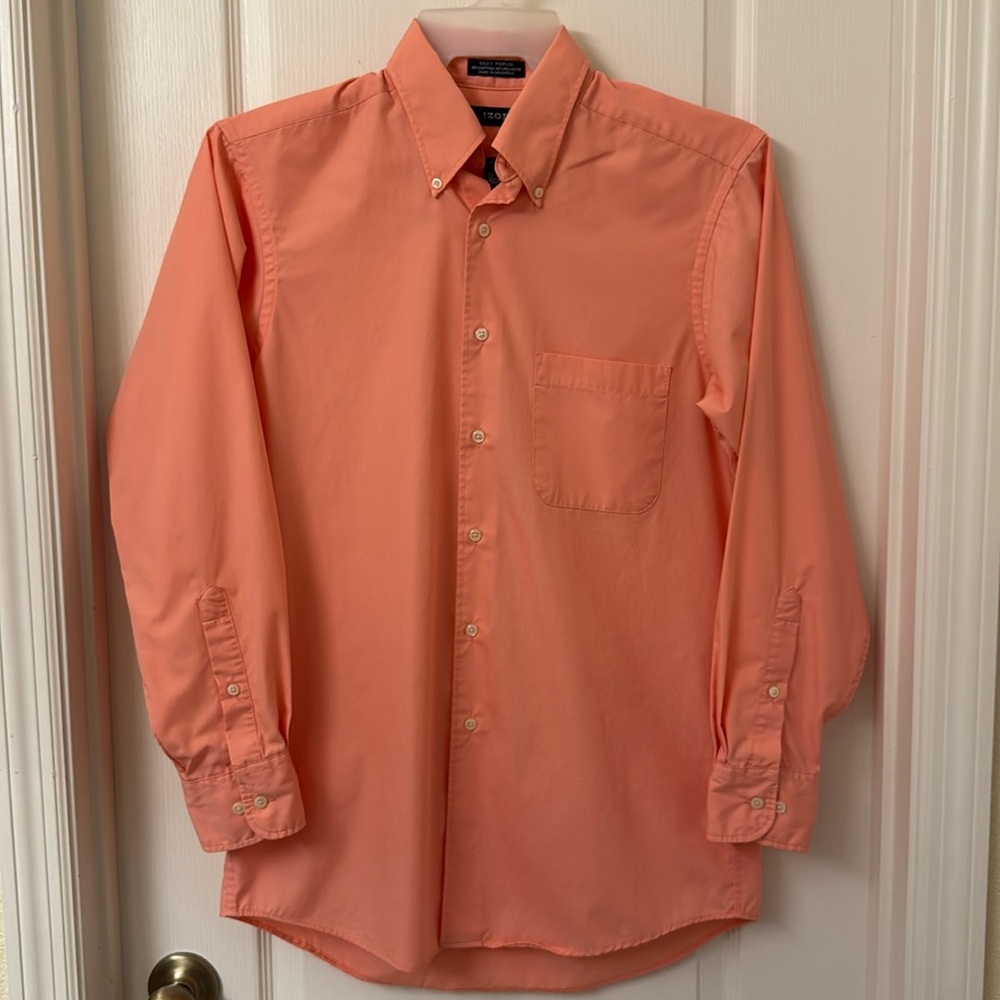 IZOD Men’s Medium 15 32/33 Easy Care Silky Poplin Coral Long sleeve Dress Shirt